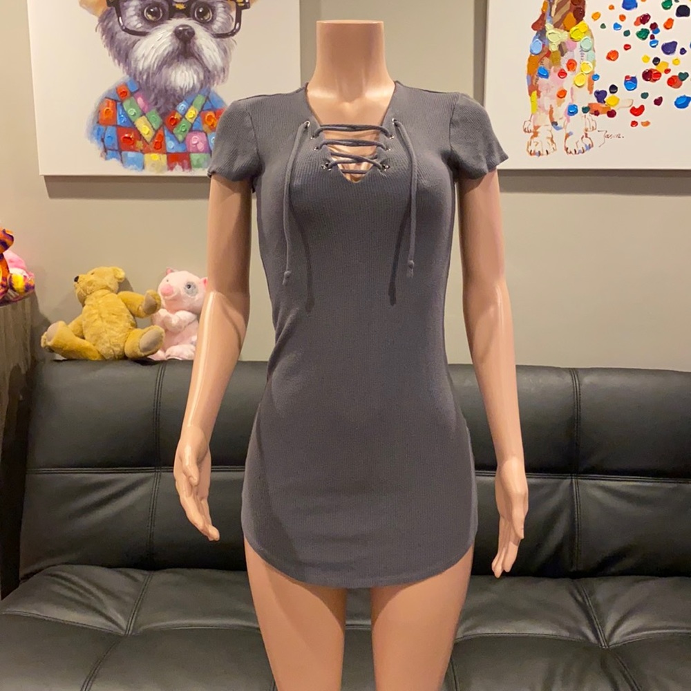 Grey dolphin hem lace up waffle knit dress